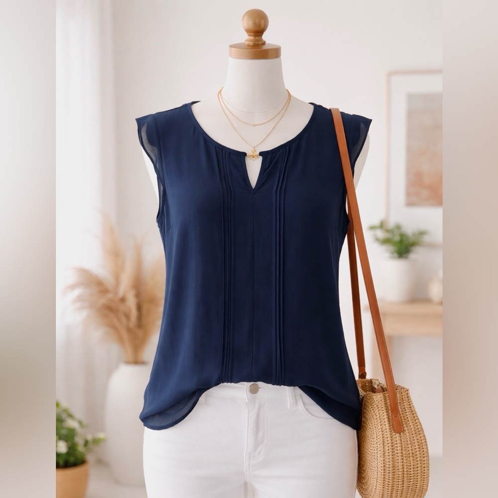 Stunning Navy Blouse with Gold Neckline Detail